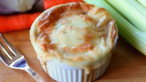 Turkey and vegetable pie with cheesy potato puree topping