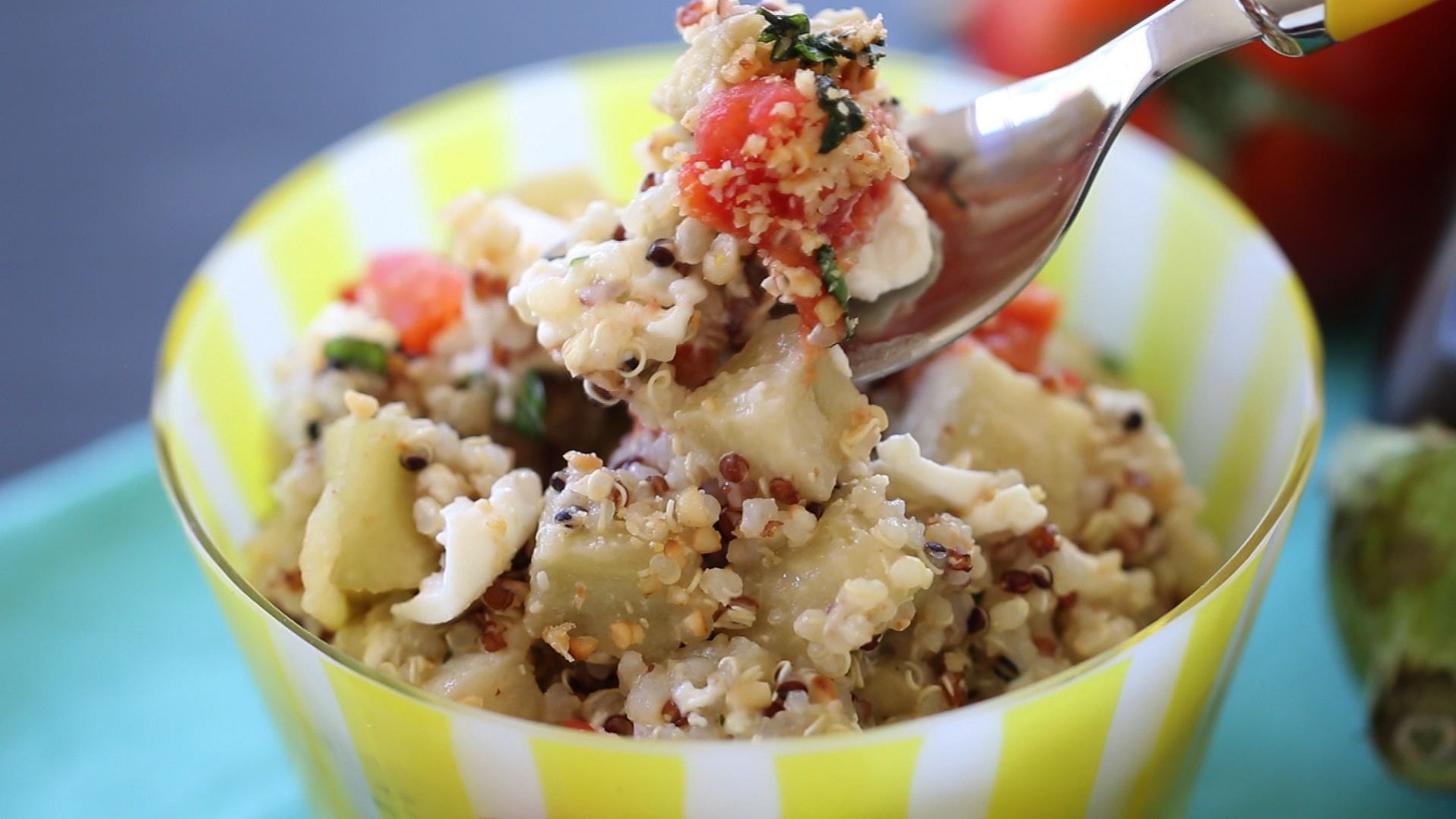 Quinoa Eggplant Tomato Mozzarella Salad +12M recipe Buona Pappa