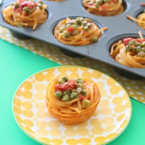 Spaghetti Muffins with Sweet Peas and Tomatoes
