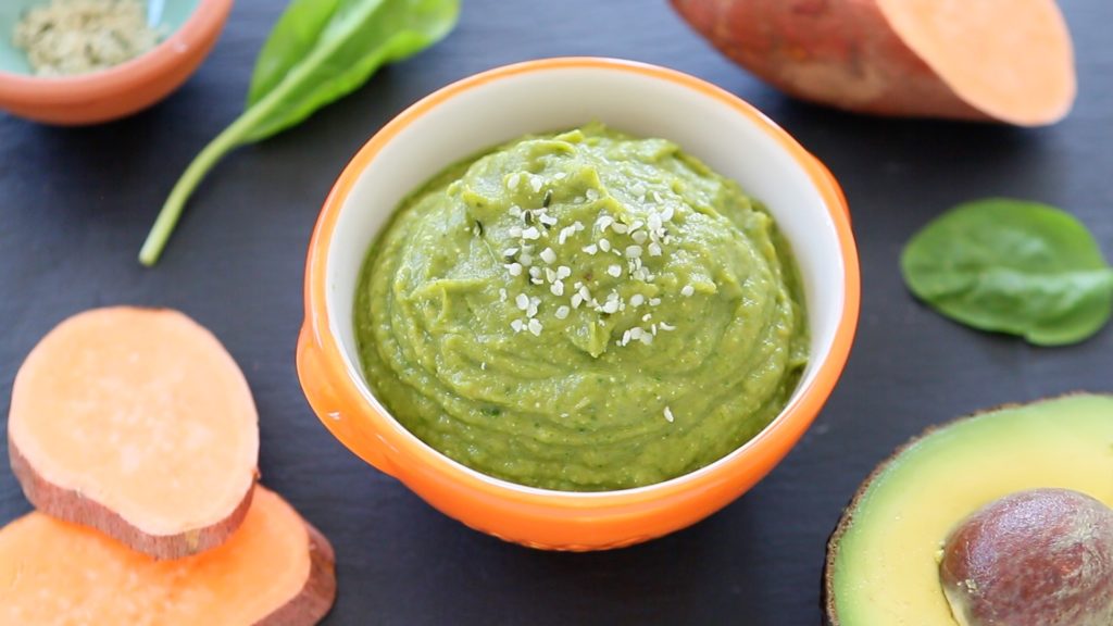 Sweet Potato with Fresh Spinach and Avocado Basil Sauce