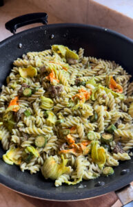 The ultimate comfort food: Zucchini Pesto and Sausage Fusilli Pasta.